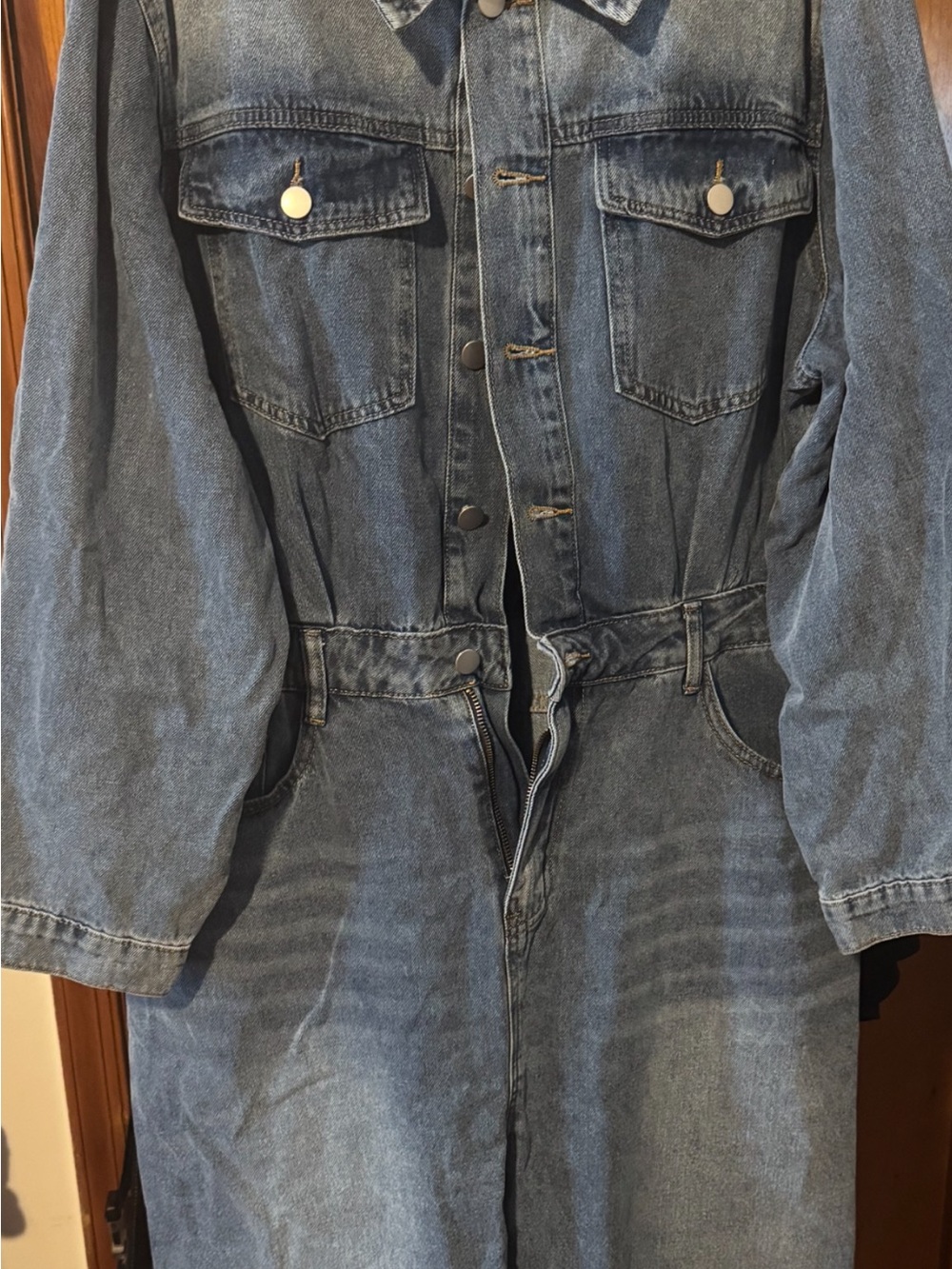 SHEIN Washed Blue Long Sleeve Denim Jumpsuit